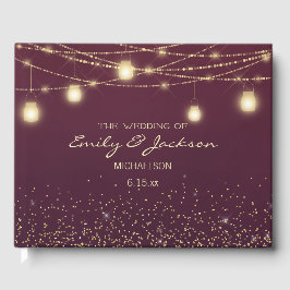 Burgundy Gold String Lights Lanterns Wedding Gästebuch
