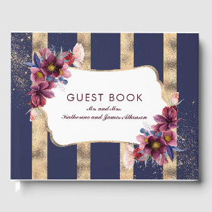 Burgundy Gold und Navy Floral Stripes Wedding Gästebuch