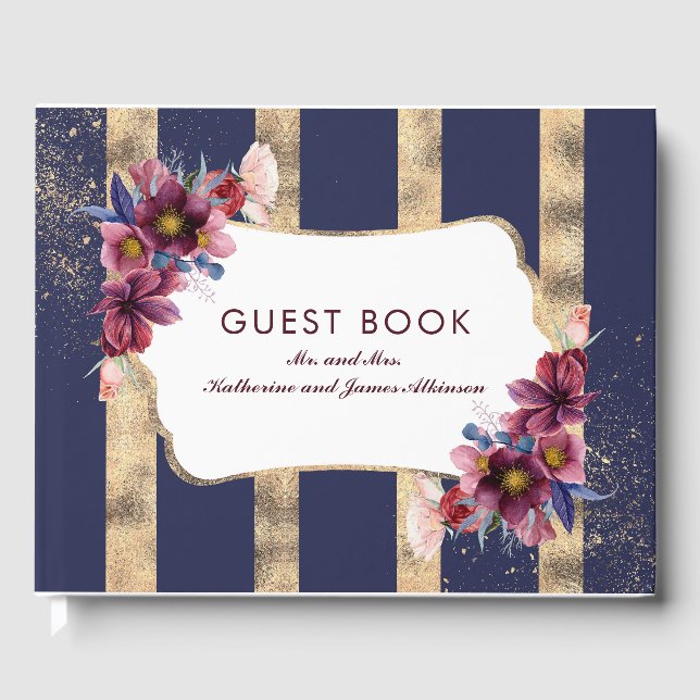 Burgundy Gold und Navy Floral Stripes Wedding Gästebuch (Vorderseite)