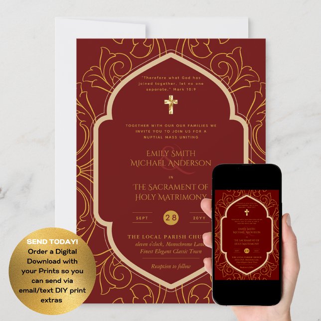 Burgundy Gold Verziert-katholische Hochzeit der Ho Einladung (Von Creator hochgeladen)