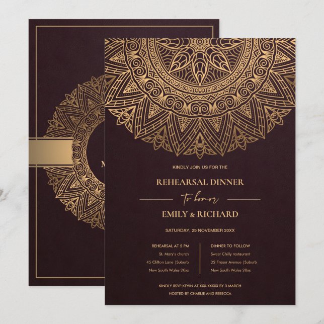 BURGUNDY GOLD VERZIERT MANDALA PROBE DINNER EINLADUNG (Vorne/Hinten)