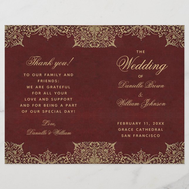 Burgundy Gold Vintag Red Folded Wedding Programm (Vorderseite)