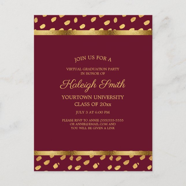 Burgundy Gold Virtual Quarantine Graduation Party Postkarte (Vorderseite)