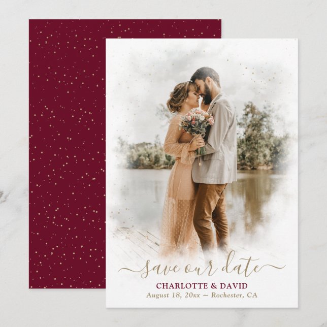 Burgundy Gold Wedding Foto Rette unsere Date Card Save The Date (Vorne/Hinten)