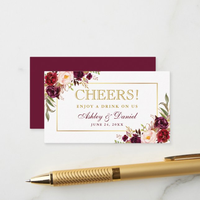 Burgundy Gold Wedding Reception Drink Ticket Card Begleitkarte (Vorderseite/Rückseite Beispiel)