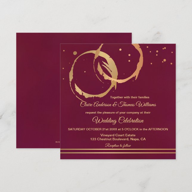 Burgundy Gold Wine Stain Rings Einladung Hochzeit (Vorne/Hinten)