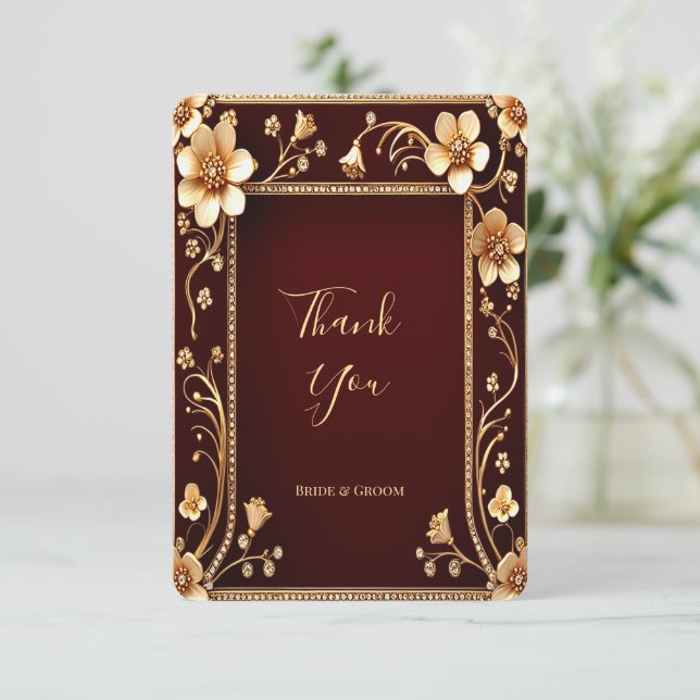 Burgundy Golden Blume Danke-Card Dankeskarte (Stehend Vorderseite)