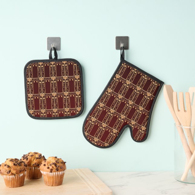 Burgundy Golden Blume Ofenhandschuh & Topflappen-Set (Insitu (Hängend))