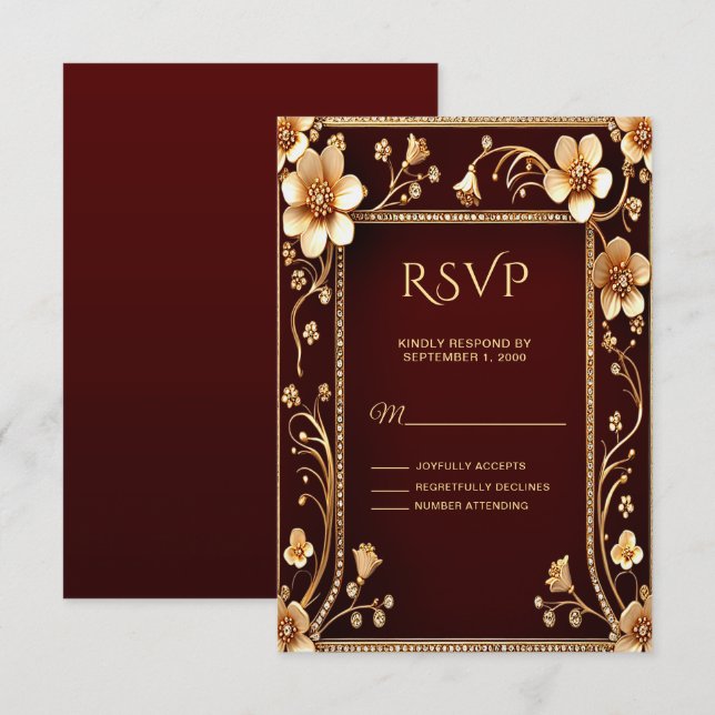 Burgundy Golden Blume RSVP-Karte RSVP Karte (Vorne/Hinten)