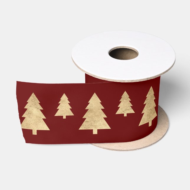 Burgundy Golden Christmas Tree Holidays Satinband (Spule)