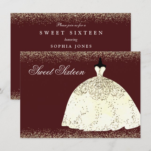 Burgundy Golden Dress Glitzer Sweet 16 Einladung (Vorne/Hinten)