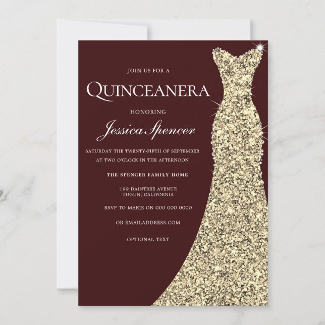 Burgundy Golden Dress Quinceanera Party laden Einladung (Vorderseite)