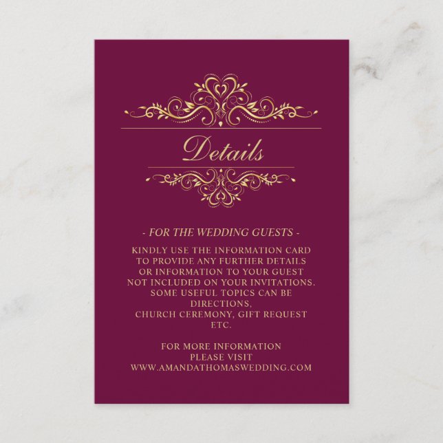 Burgundy Golden Frame Wedding Card Begleitkarte (Vorderseite)
