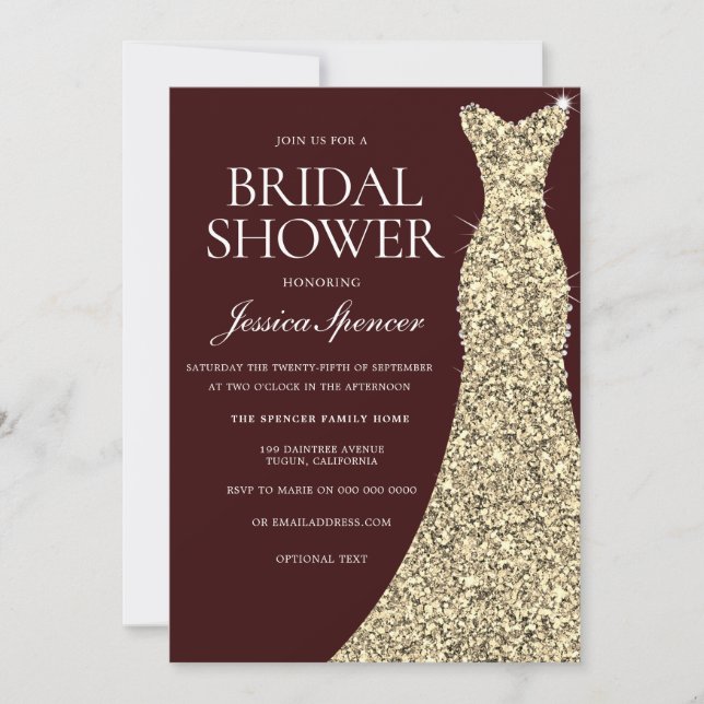 Burgundy Golden Wedding Dress Brautparty laden Einladung (Vorderseite)