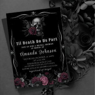 Burgundy Gothic Dark Floral Skull Brautparty Einladung