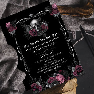 Burgundy Gothic Floral Skull Halloween Hochzeit Einladung