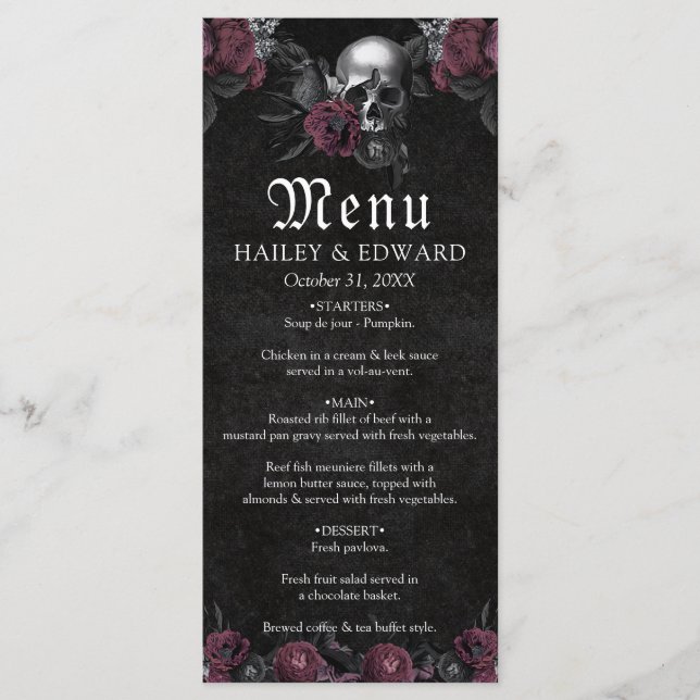 Burgundy Gothic Floral Skull Halloween Hochzeit Menükarte (Vorderseite)