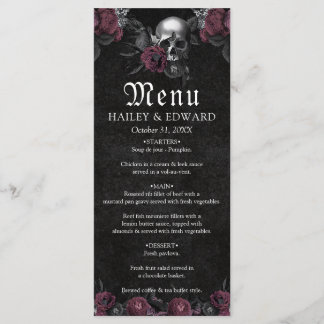 Burgundy Gothic Floral Skull Halloween Hochzeit Menükarte