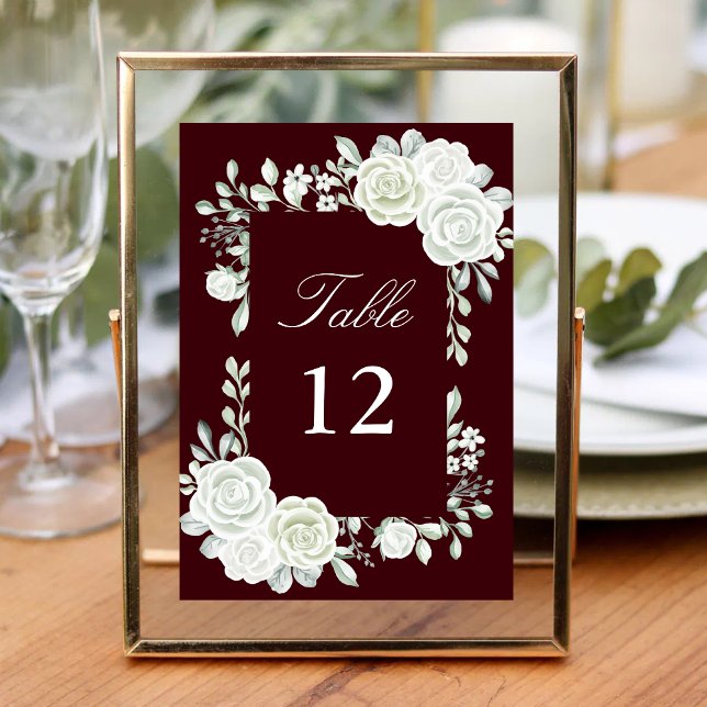 Burgundy Gothic White Roses Wedding Table Numbers Tischnummer (Von Creator hochgeladen)