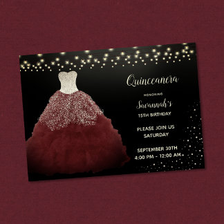 Burgundy Gown mit String Lights Quinceanera Einladung