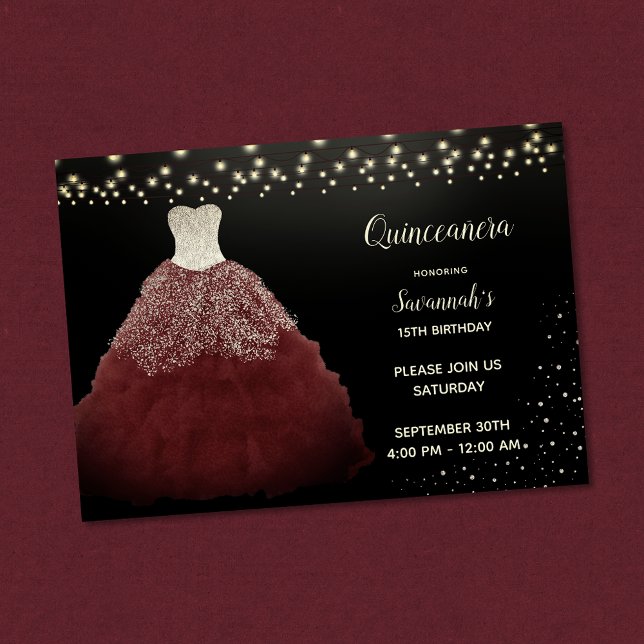 Burgundy Gown mit String Lights Quinceanera Einladung (Von Creator hochgeladen)