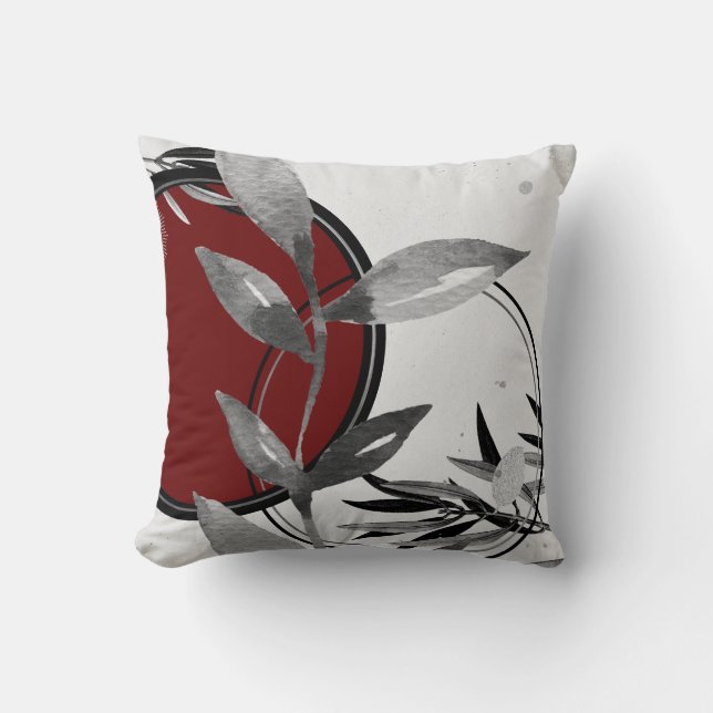 Burgundy & Gray Abstrakt Zen Wasserfarbleaf Kissen (Vorderseite)