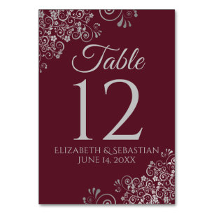 Burgundy & Gray Elegant Filigree Wedding Tischnummer
