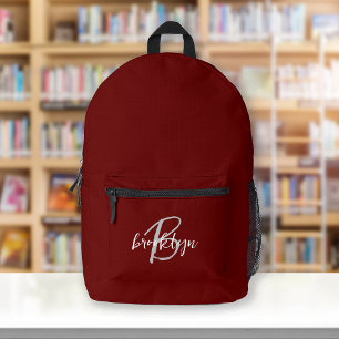 Burgundy Gray White Script Monogram Bedruckter Rucksack