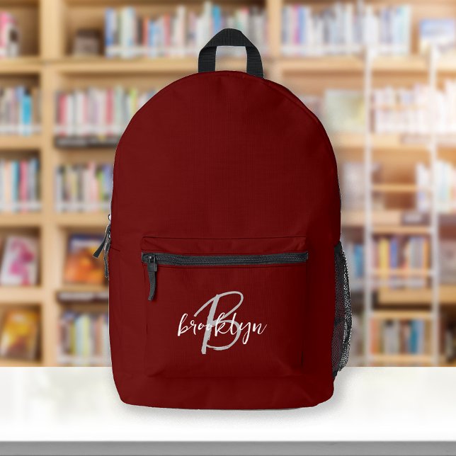 Burgundy Gray White Script Monogram Bedruckter Rucksack (Von Creator hochgeladen)