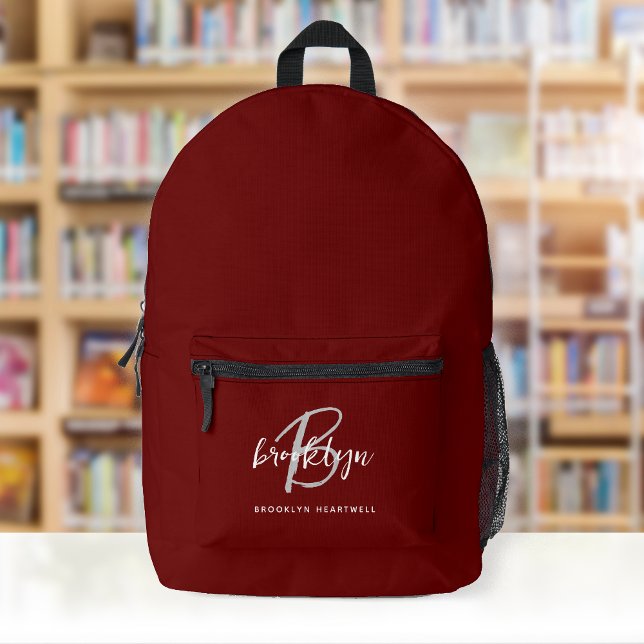 Burgundy Gray White Script Monogram Name Bedruckter Rucksack (Von Creator hochgeladen)