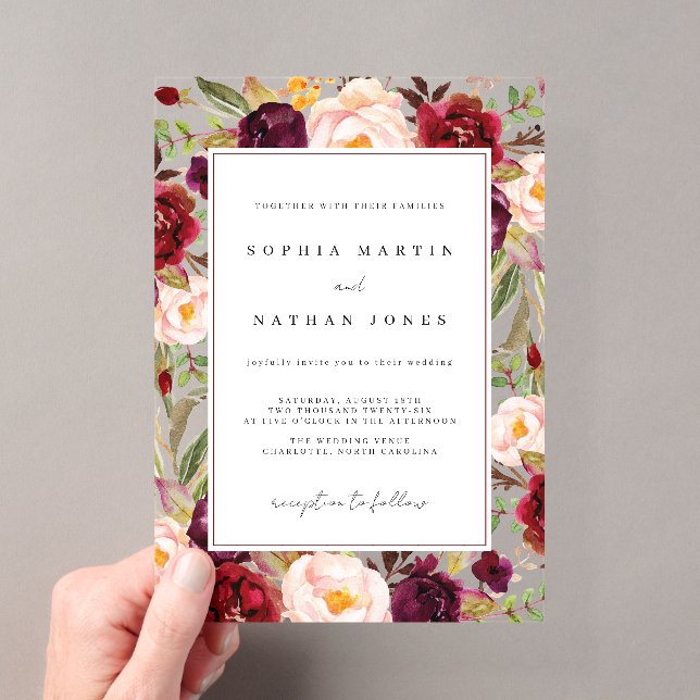 Burgundy Green Floral Leaf Moderne Clear Wedding Acryleinladungen (Insitu (Handheld))