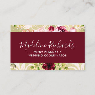 Burgundy & Green Floral mit Social Media Icons Visitenkarte