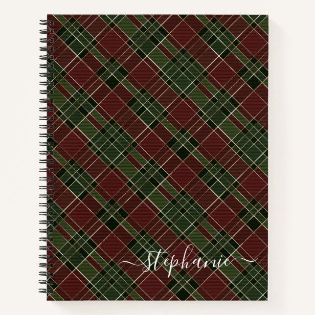 Burgundy Green Kariert Christmas Holiday Monogram Notizbuch (Vorderseite)