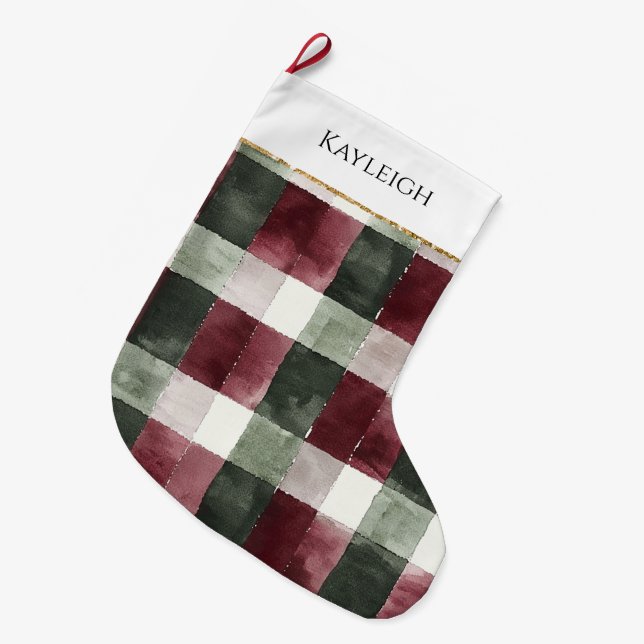 Burgundy Green Kariert Strip Weihnachts Gold Glitz Großer Weihnachtsstrumpf (Vorderansicht (hängend))