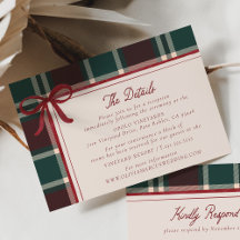 Burgundy Green Plaid Christmas Bow Wedding Details