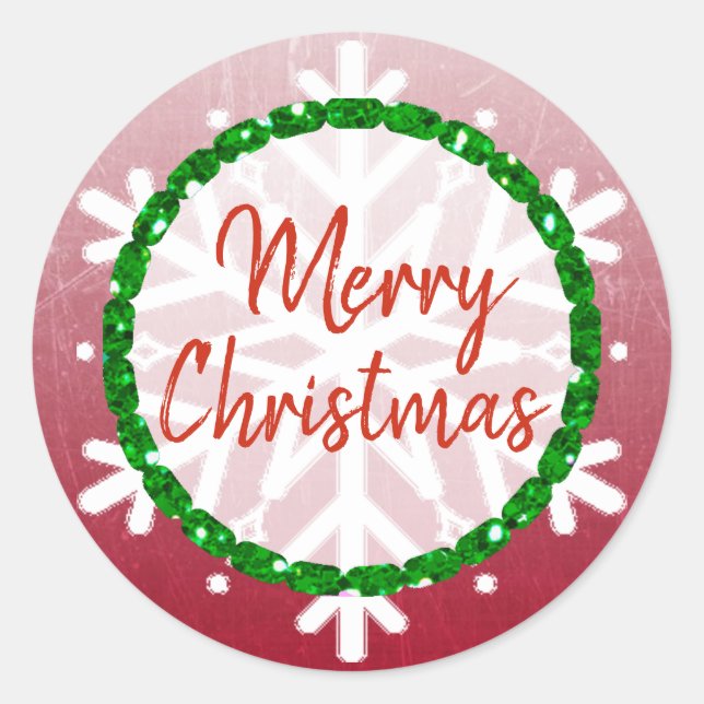 Burgundy Green Snowflake Frohe Weihnachten Runder Aufkleber (Vorderseite)