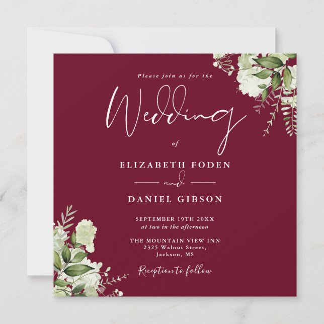 Burgundy Greenery Floral Monogram Square Wedding Einladung (Vorderseite)