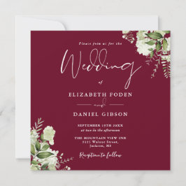 Burgundy Greenery Floral Monogram Square Wedding Einladung