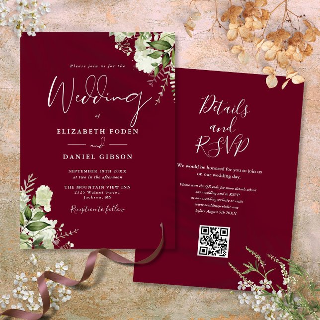 Burgundy Greenery Floral QR Code Wedding Einladung (Burgundy Greenery Floral QR Code Wedding Invitation)