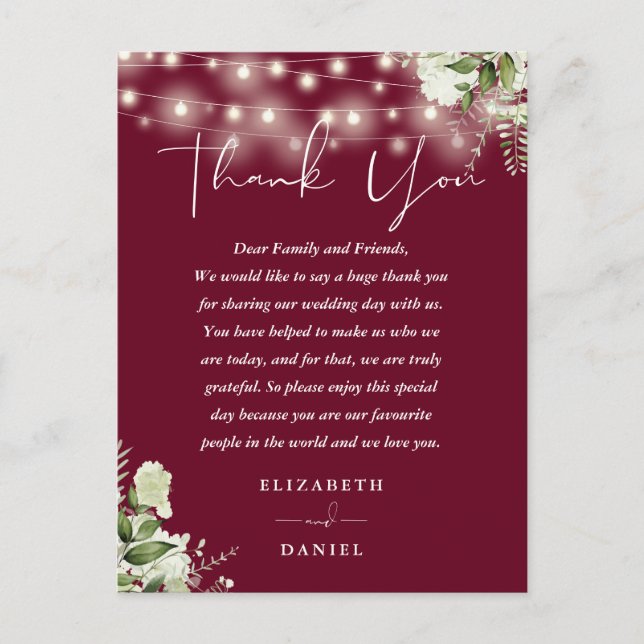 Burgundy Greenery Vielen Dank für Ihre Hochzeit Pl Postkarte (Vorderseite)