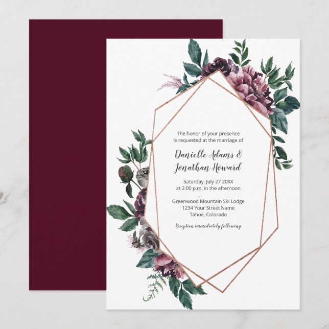 Burgundy Grey Geometric Floral Wedding Einladung (Vorne/Hinten)