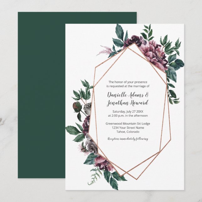 Burgundy Grey Geometric Floral Wedding Einladung (Vorne/Hinten)