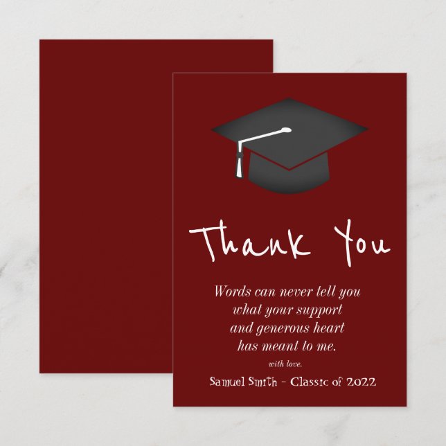 Burgundy Handwriting Cap und Tassel Abschluss Dankeskarte (Vorne/Hinten)