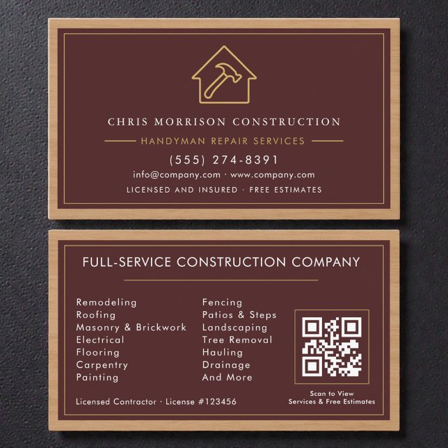 Burgundy Handyman QR Code Wood Construction  Visitenkarte (Von Creator hochgeladen)