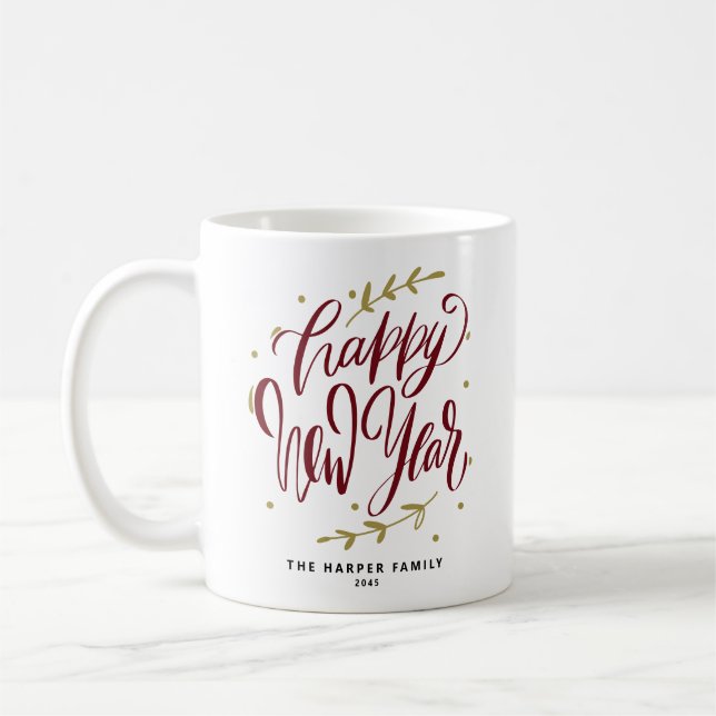Burgundy Happy New Year Modern Calligraphy Wreath Kaffeetasse (Links)