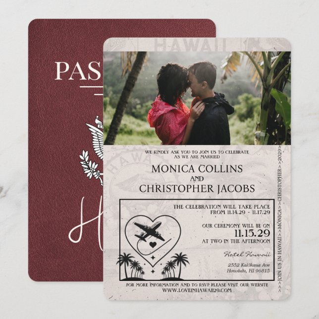 Burgundy Hawaii Passeport Faire-part de mariage (Devant / Derrière)
