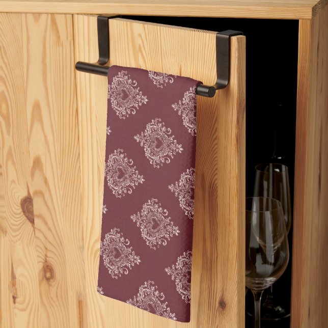 Burgundy Heart Damask Kitchen Towels Geschirrtuch (Drittel gefaltet)