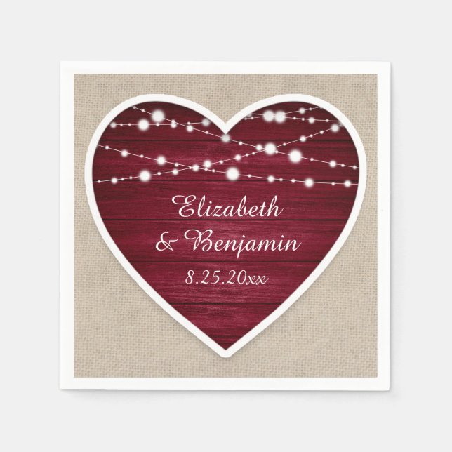 Burgundy Heart String Lights Burlap Wedding Serviette (Vorderseite)