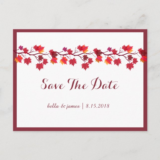 Burgundy Herbstblätter Hochzeiten speichern die Da Ankündigungspostkarte (Vorderseite)