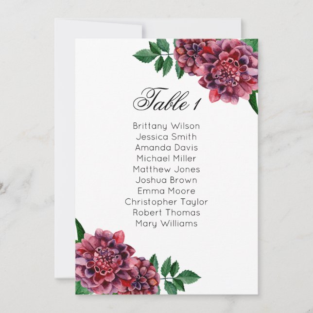 Burgundy Hochzeitssitzkarte. Dahlias-Plan Einladung (Vorderseite)